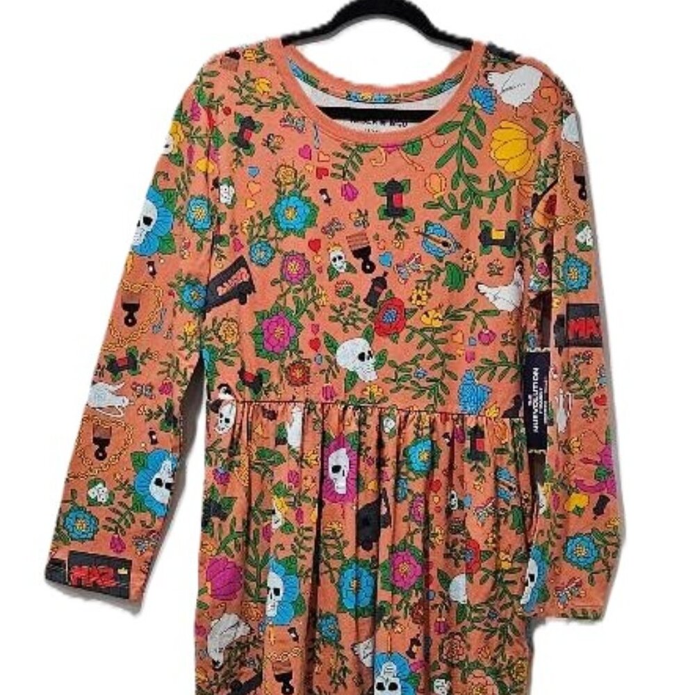 New PEACH COLORFUL DAY OF THE DEAD SUGAR SKULL LONG SLEEVE COTTON DRESS  2X